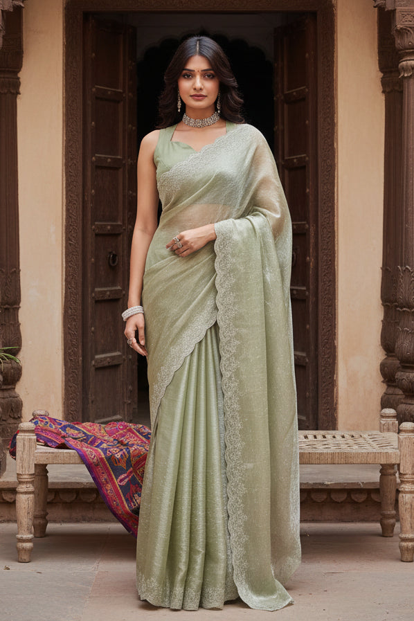 Women's Jimmy choo Embellished Bollywood Saree With Unstitched Blouse 5.5Mtr (Light Green) Kashvii