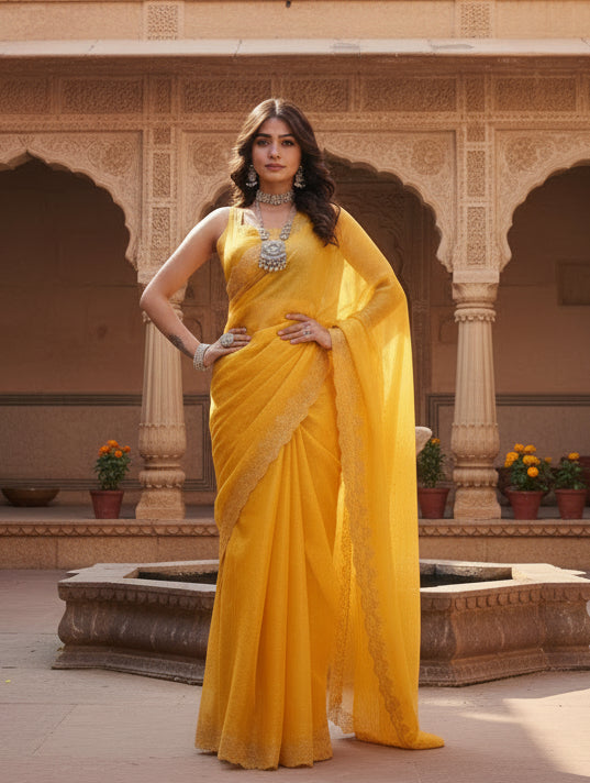 Women's Jimmy choo Embellished Bollywood Saree With Unstitched Blouse 5.5Mtr (Mustard) Kashvii
