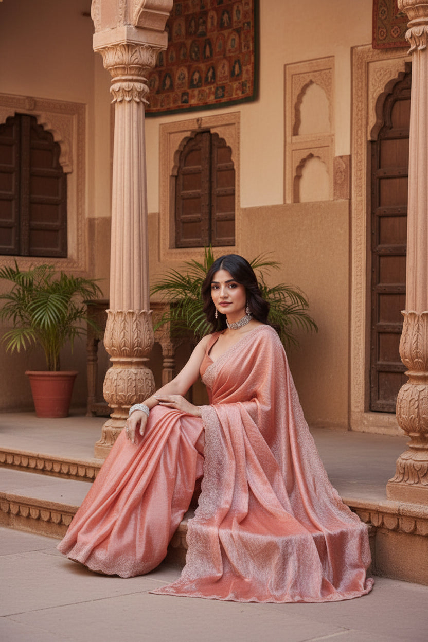 Women's Jimmy choo Embellished Bollywood Saree With Unstitched Blouse 5.5Mtr (Orange)
