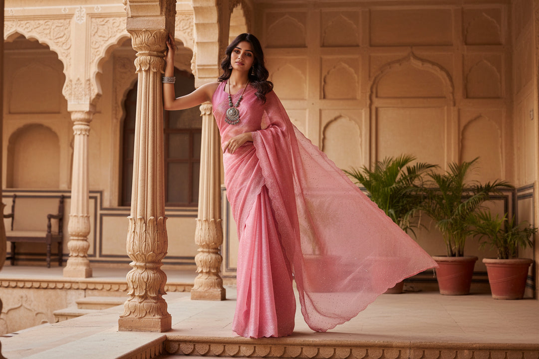 Women's Jimmy choo Embellished Bollywood Saree With Unstitched Blouse 5.5Mtr (Pink) Kashvii