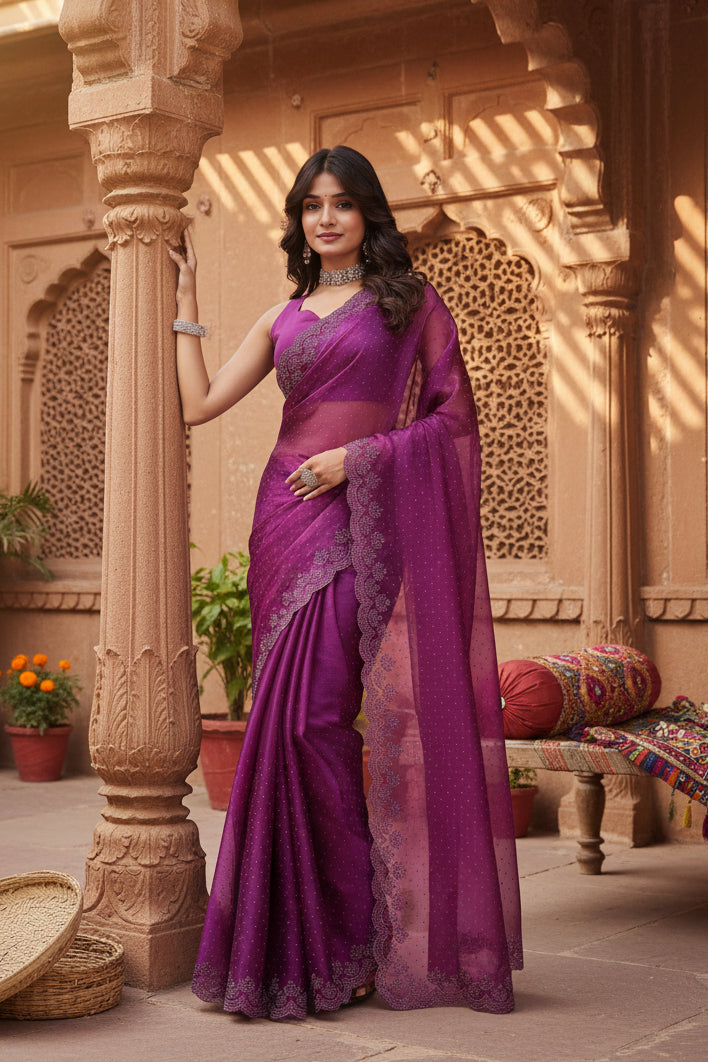 Women's Tissue Pure Silk Embellished Bollywood Saree With Unstitched Blouse 5.5Mtr (Purple) Kashvii