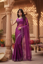 Load image into Gallery viewer, Women's Tissue Pure Silk Embellished Bollywood Saree With Unstitched Blouse 5.5Mtr (Purple) Kashvii
