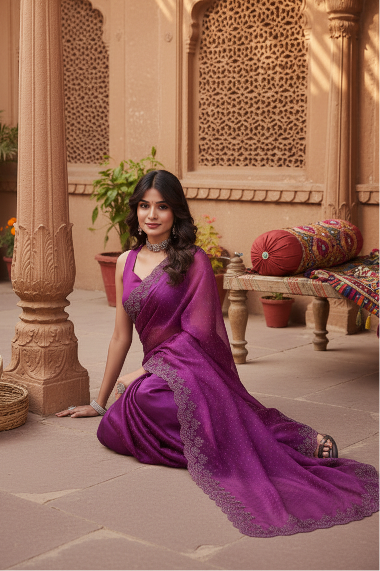 Women's Tissue Pure Silk Embellished Bollywood Saree With Unstitched Blouse 5.5Mtr (Purple) Kashvii