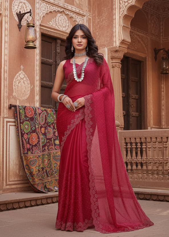 Women's Jimmy choo Embellished Bollywood Saree With Unstitched Blouse 5.5Mtr (Red) Kashvii