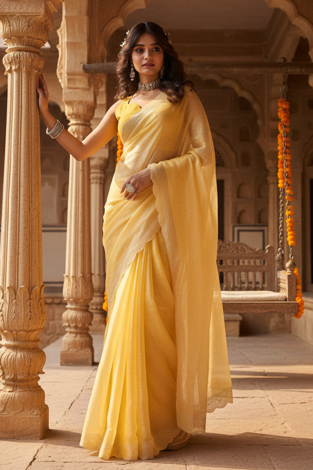 Women's tissue pure silk embellished bollywood saree with unstitched blouse 5