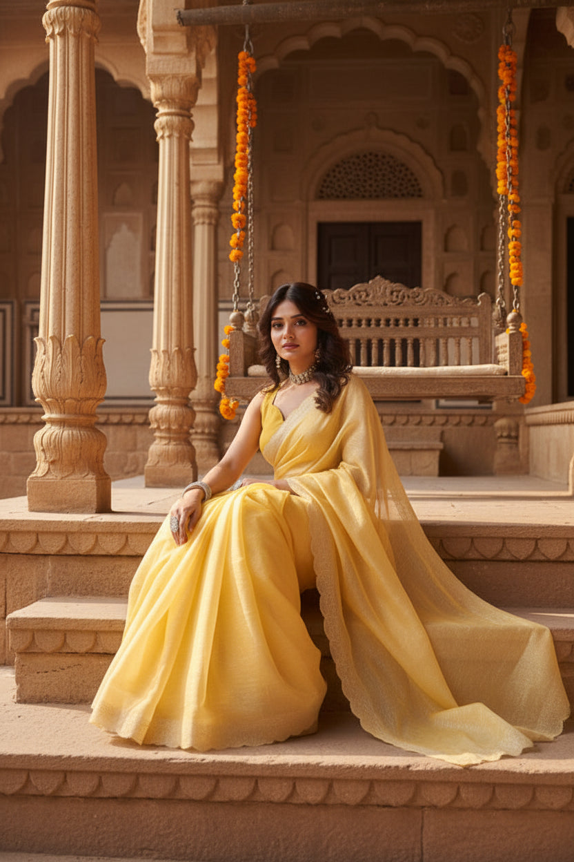 Women's Tissue Pure Silk Embellished Bollywood Saree With Unstitched Blouse 5.5Mtr (Yellow) Kashvii
