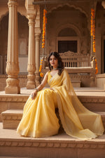 Load image into Gallery viewer, Women's Tissue Pure Silk Embellished Bollywood Saree With Unstitched Blouse 5.5Mtr (Yellow) Kashvii
