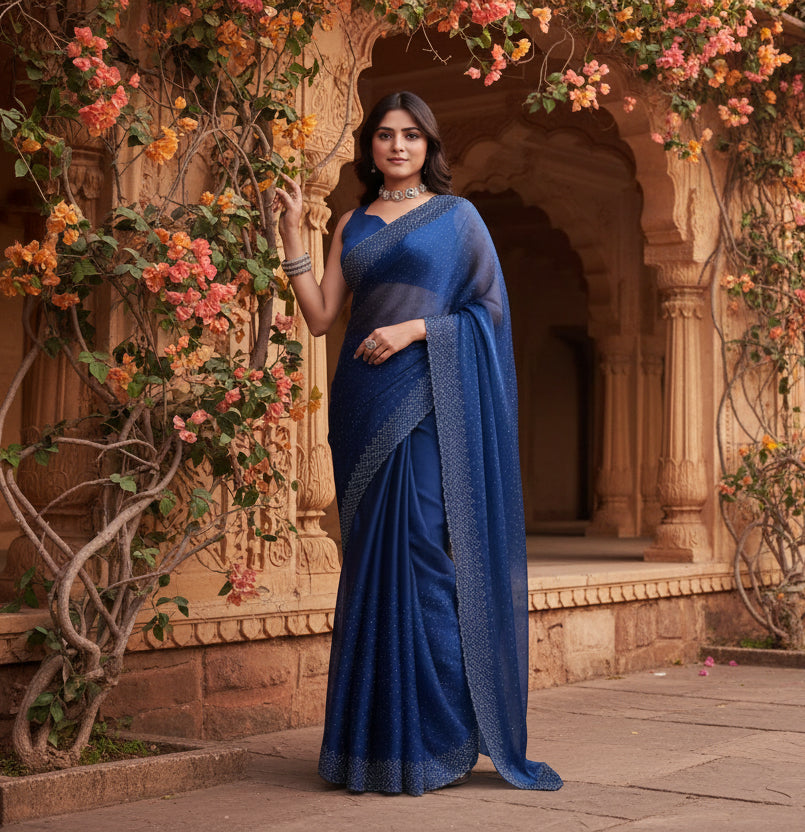 Women's Jimmy choo Embellished Bollywood Saree With Unstitched Blouse 5.5Mtr (Blue) Kashvii