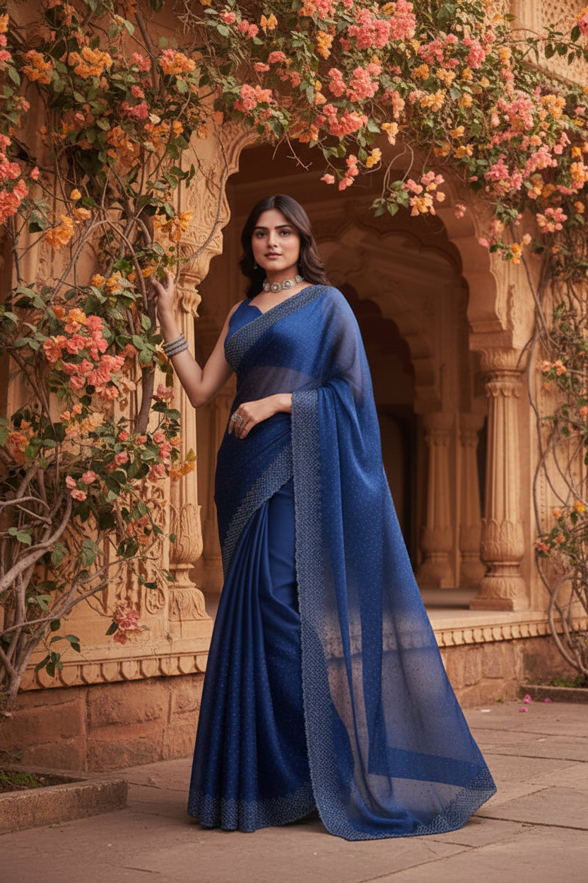 Women's Jimmy choo Embellished Bollywood Saree With Unstitched Blouse 5.5Mtr (Blue) Kashvii