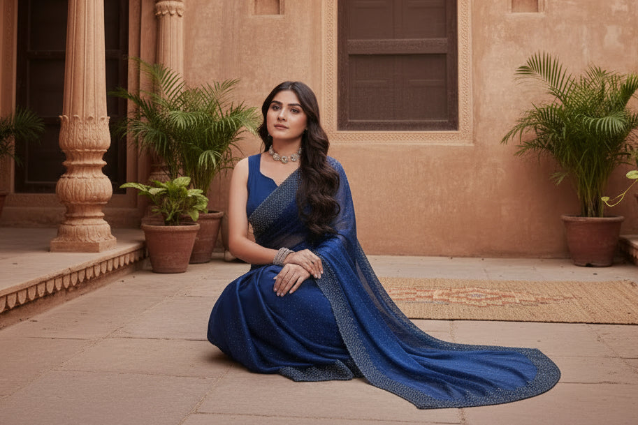 Women's Jimmy choo Embellished Bollywood Saree With Unstitched Blouse 5.5Mtr (Blue) Kashvii
