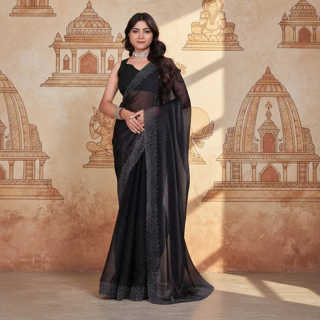 Women's Jimmy choo Embellished Bollywood Saree With Unstitched Blouse 5.5Mtr (Black) Kashvii