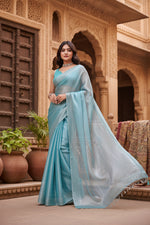 Load image into Gallery viewer, Women's Jimmy choo Embellished Bollywood Saree With Unstitched Blouse 5.5Mtr (Light Blue) Kashvii
