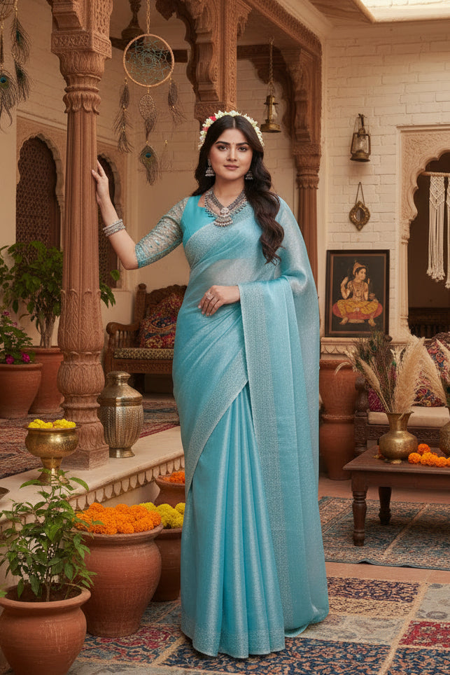 Women's Jimmy choo Embellished Bollywood Saree With Unstitched Blouse 5.5Mtr (Light Blue) Kashvii
