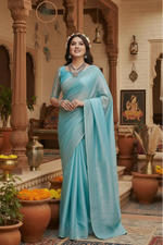 Load image into Gallery viewer, Women's Jimmy choo Embellished Bollywood Saree With Unstitched Blouse 5.5Mtr (Light Blue) Kashvii
