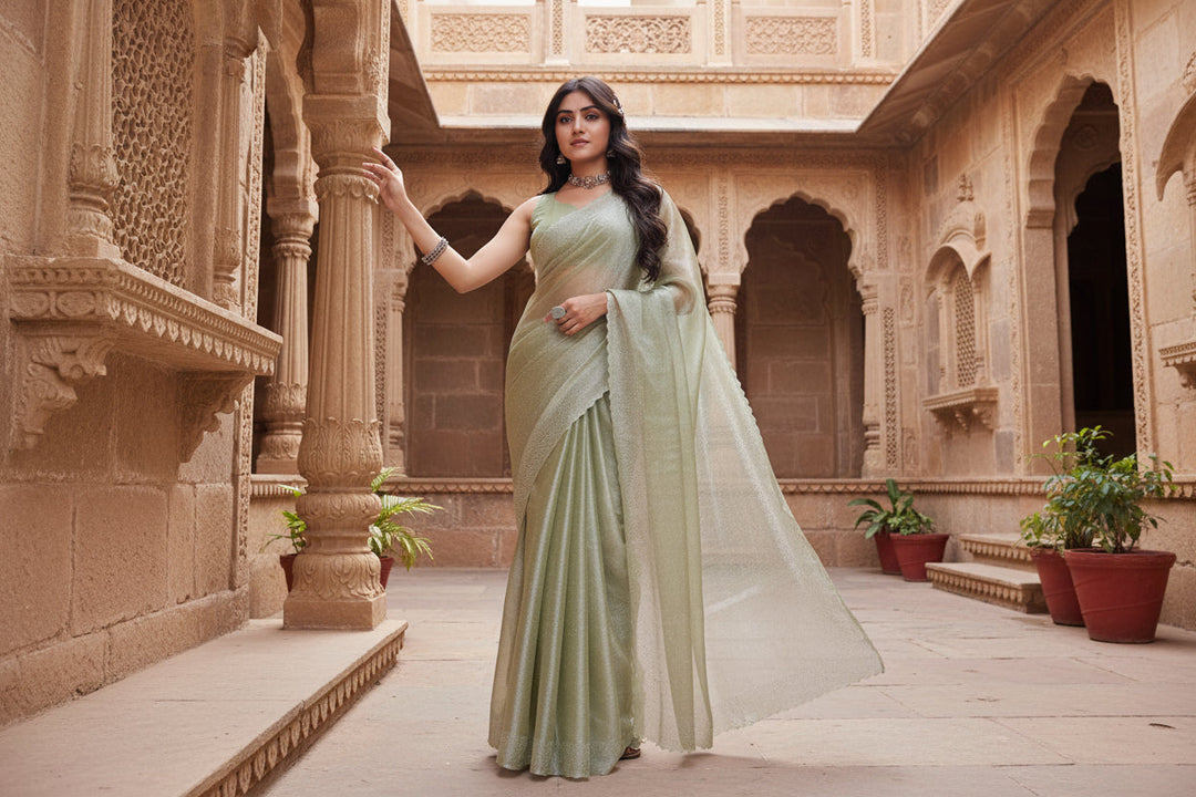 Women's Jimmy choo Embellished Bollywood Saree With Unstitched Blouse 5.5Mtr (Light Green) Kashvii