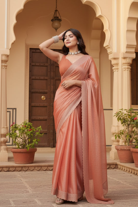 Women's Jimmy choo Embellished Bollywood Saree With Unstitched Blouse 5.5Mtr (Orange) Kashvii