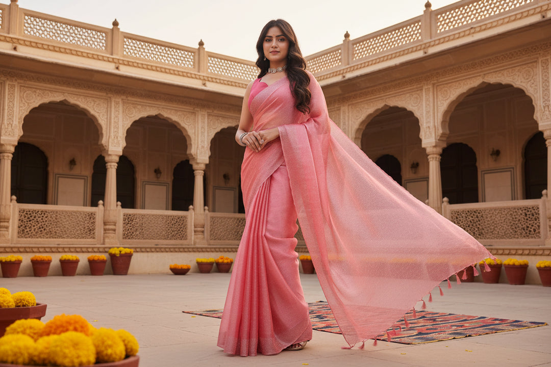 Women's Jimmy choo Embellished Bollywood Saree With Unstitched Blouse 5.5Mtr (Pink) Kashvii