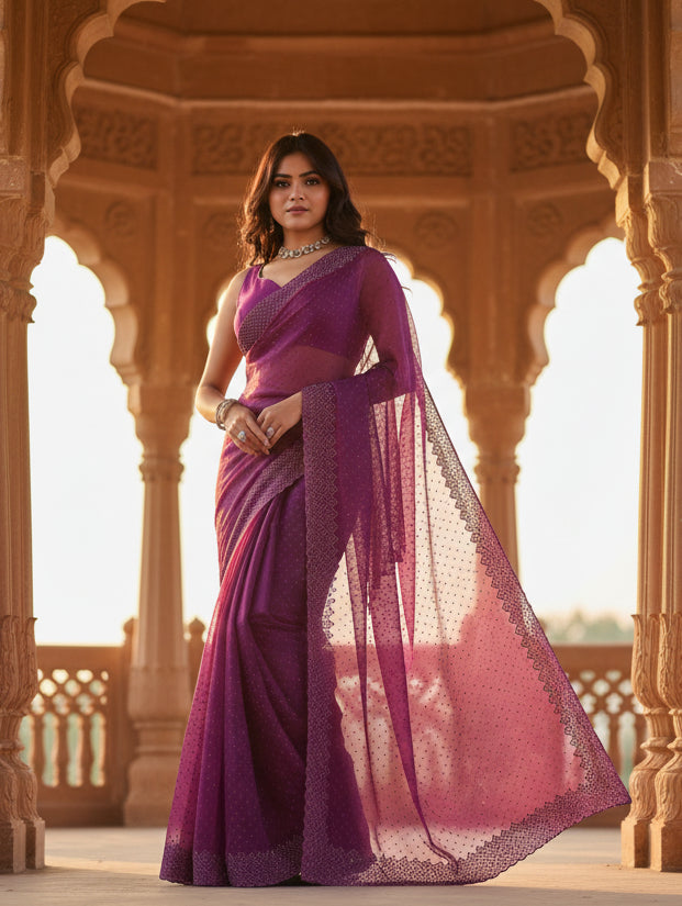 Women's jimmy choo embellished bollywood saree with unstitched blouse 5