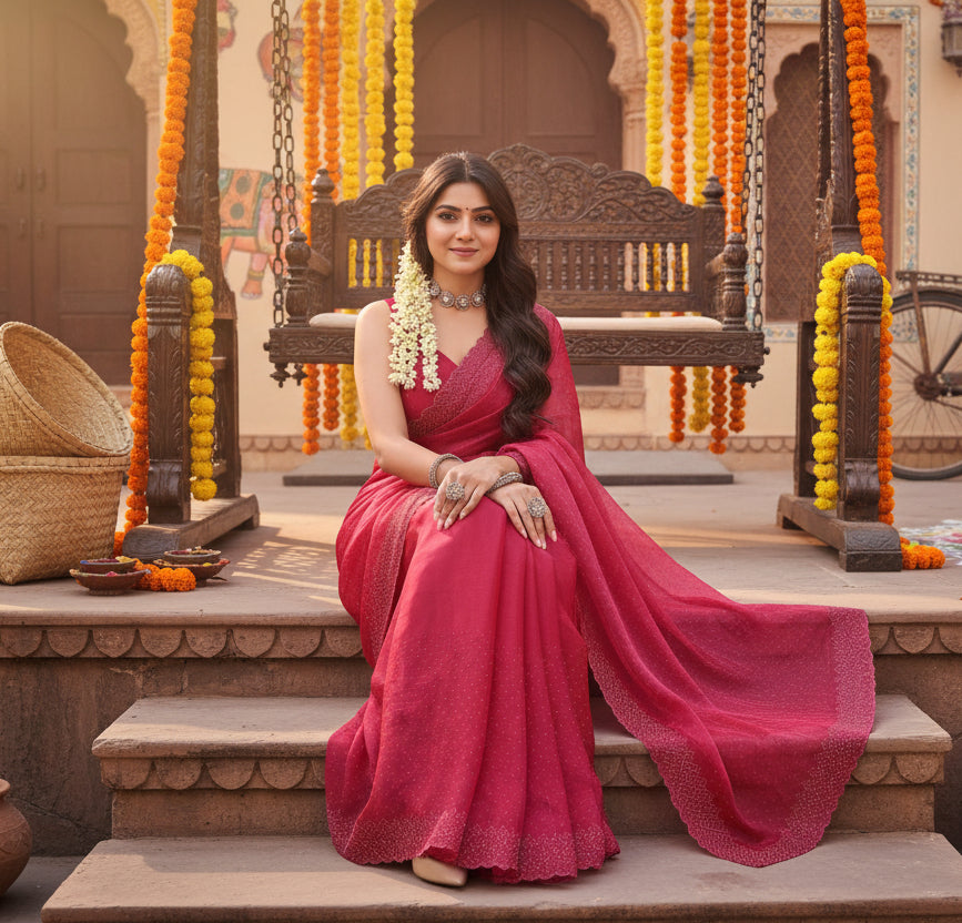 Women's Jimmy choo Embellished Bollywood Saree With Unstitched Blouse 5.5Mtr (Red) Kashvii