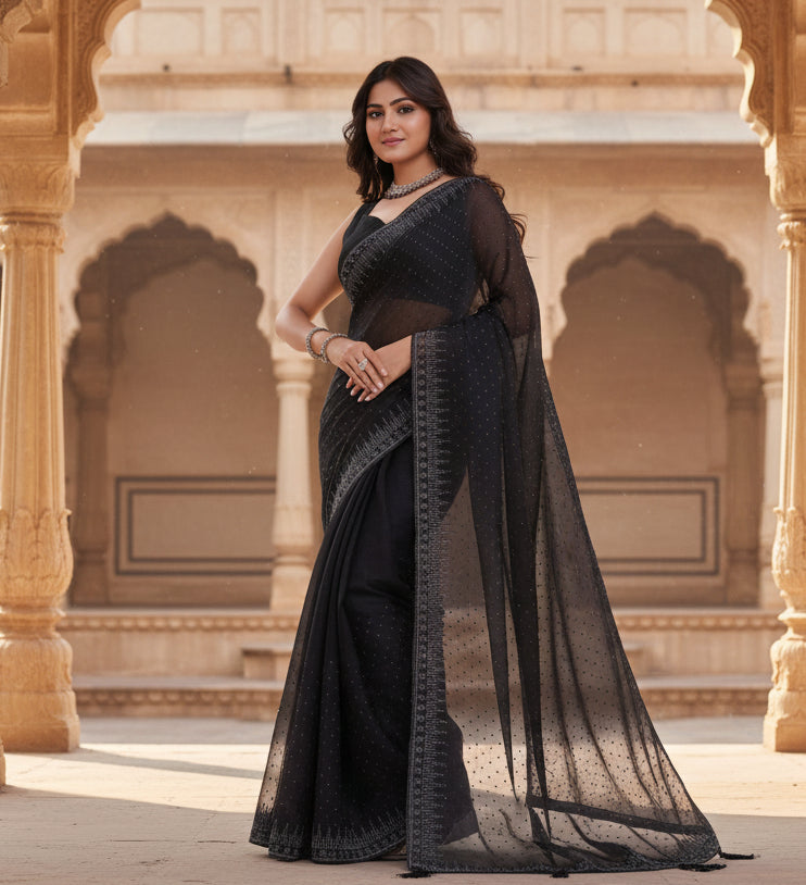 Women's jimmy choo embellished bollywood saree with unstitched blouse 5