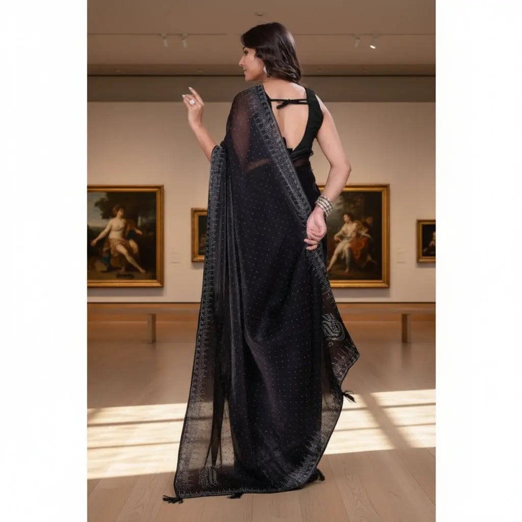 Women's Jimmy choo Embellished Bollywood Saree With Unstitched Blouse 5.5Mtr (Black) Kashvii