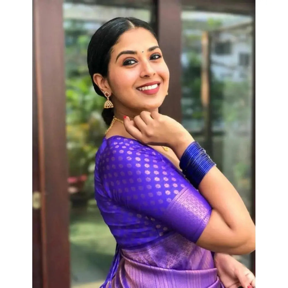 Women's Litchi silk Printed Saree With Unstitched Blouse (Purple) Kashvii