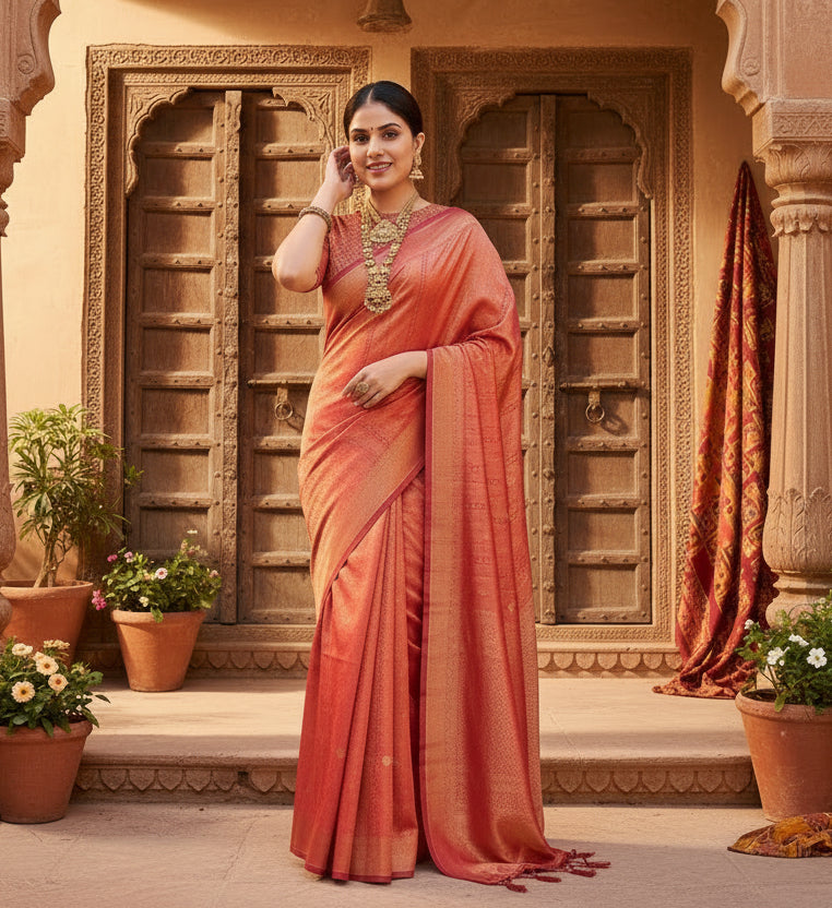 Women's Litchi silk Printed Saree With Unstitched Blouse (Red) Kashvii