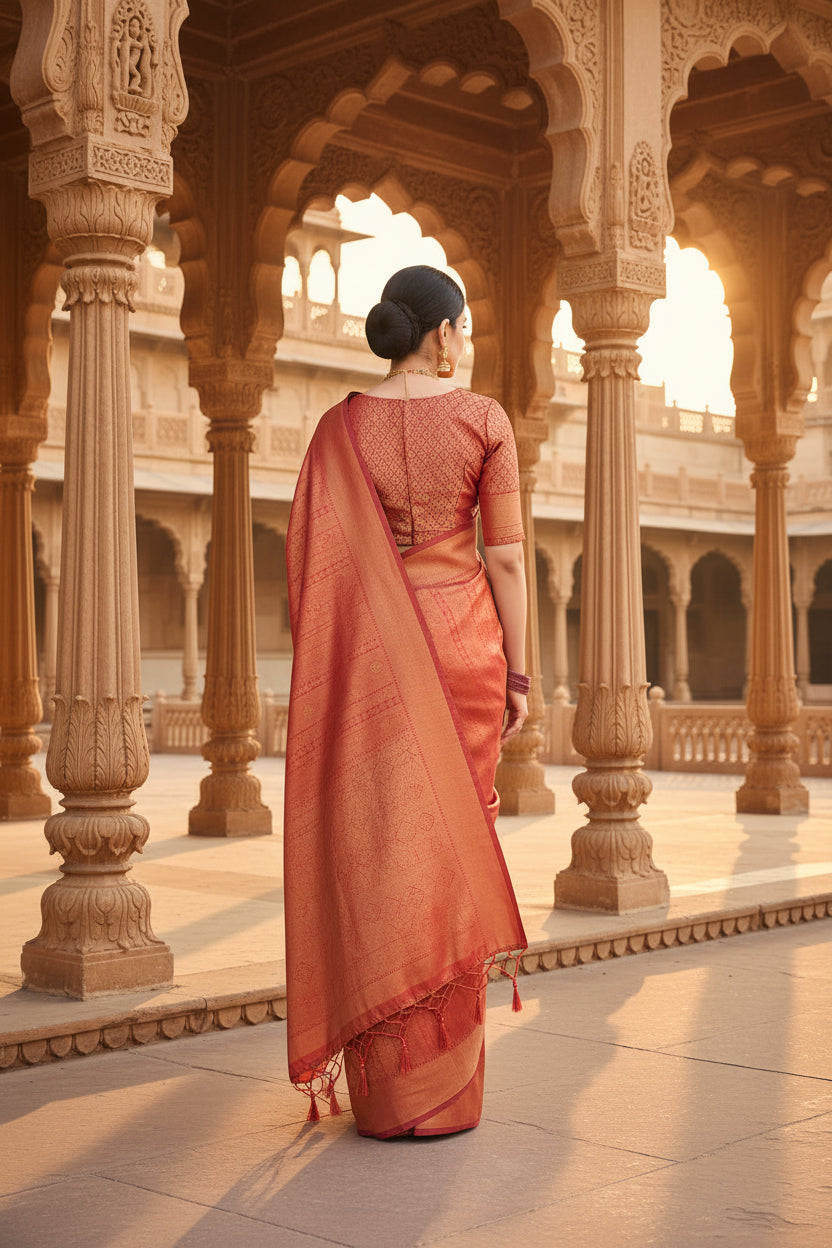 Women's Litchi silk Printed Saree With Unstitched Blouse (Red)