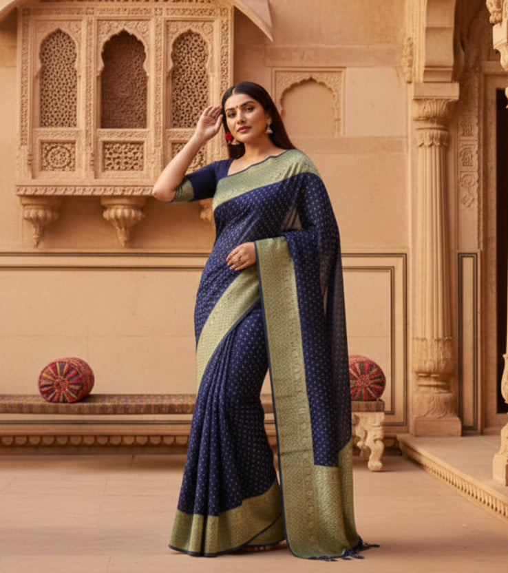Women's litchi silk printed saree with unstitched blouse (blue) kashvii