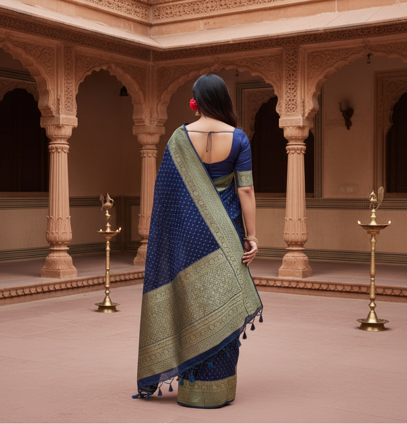 Women's Litchi silk Printed Saree With Unstitched Blouse (Blue)