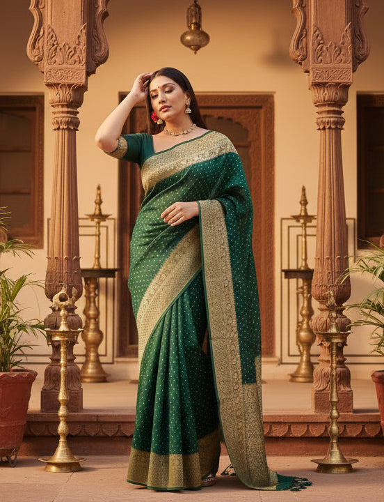 Women's litchi silk printed saree with unstitched blouse (green) kashvii