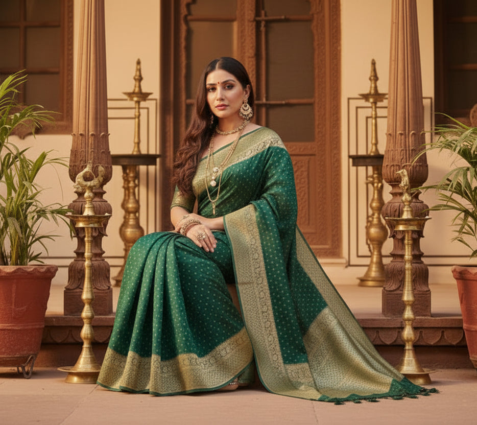 Women's litchi silk printed saree with unstitched blouse (green)