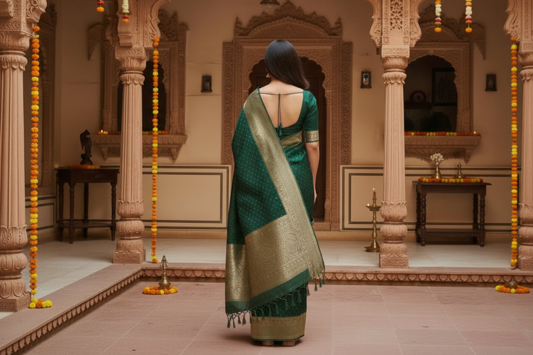 Women's Litchi silk Printed Saree With Unstitched Blouse (Green)