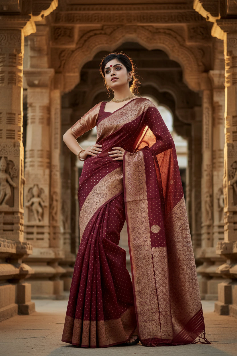 Women's Litchi silk Printed Saree With Unstitched Blouse (Maroon) Kashvii