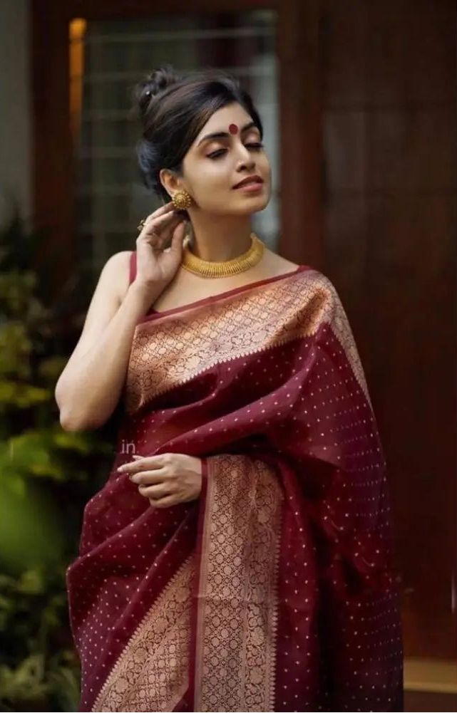 Women's litchi silk printed saree with unstitched blouse (maroon) kashvii