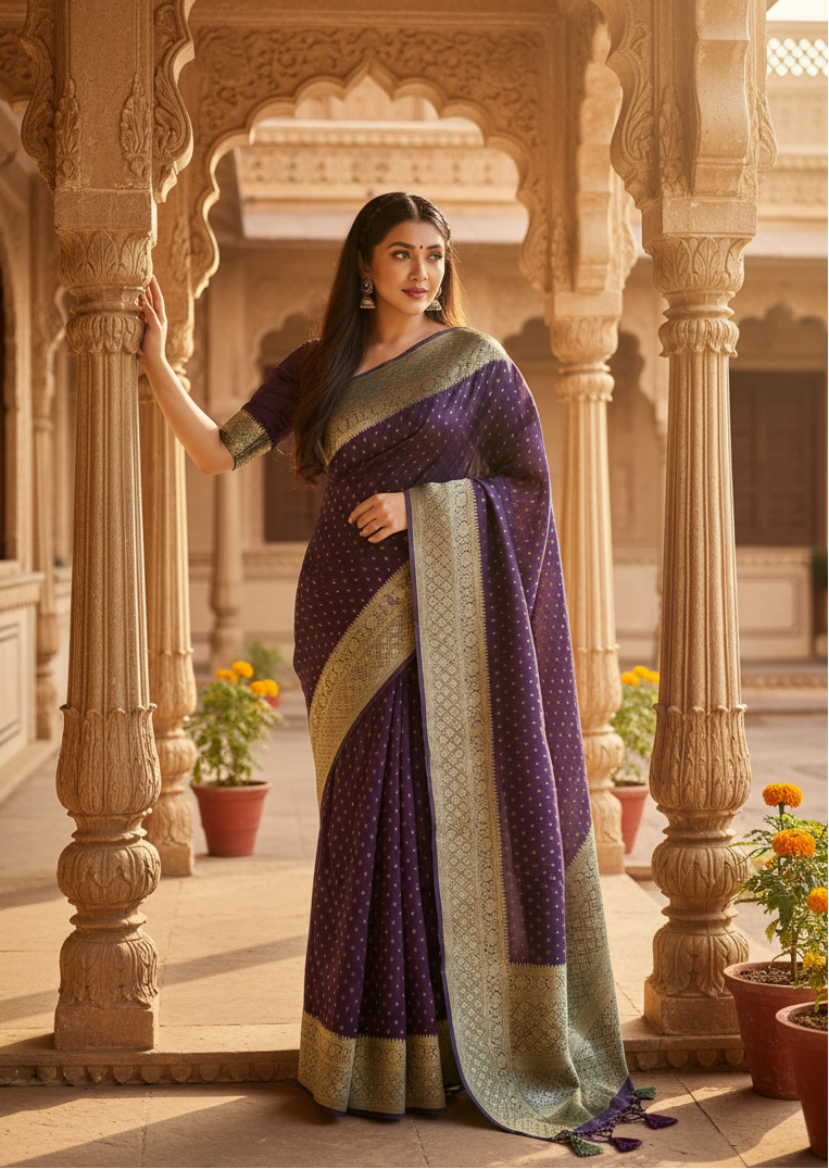 Women's litchi silk printed saree with unstitched blouse (purple) kashvii