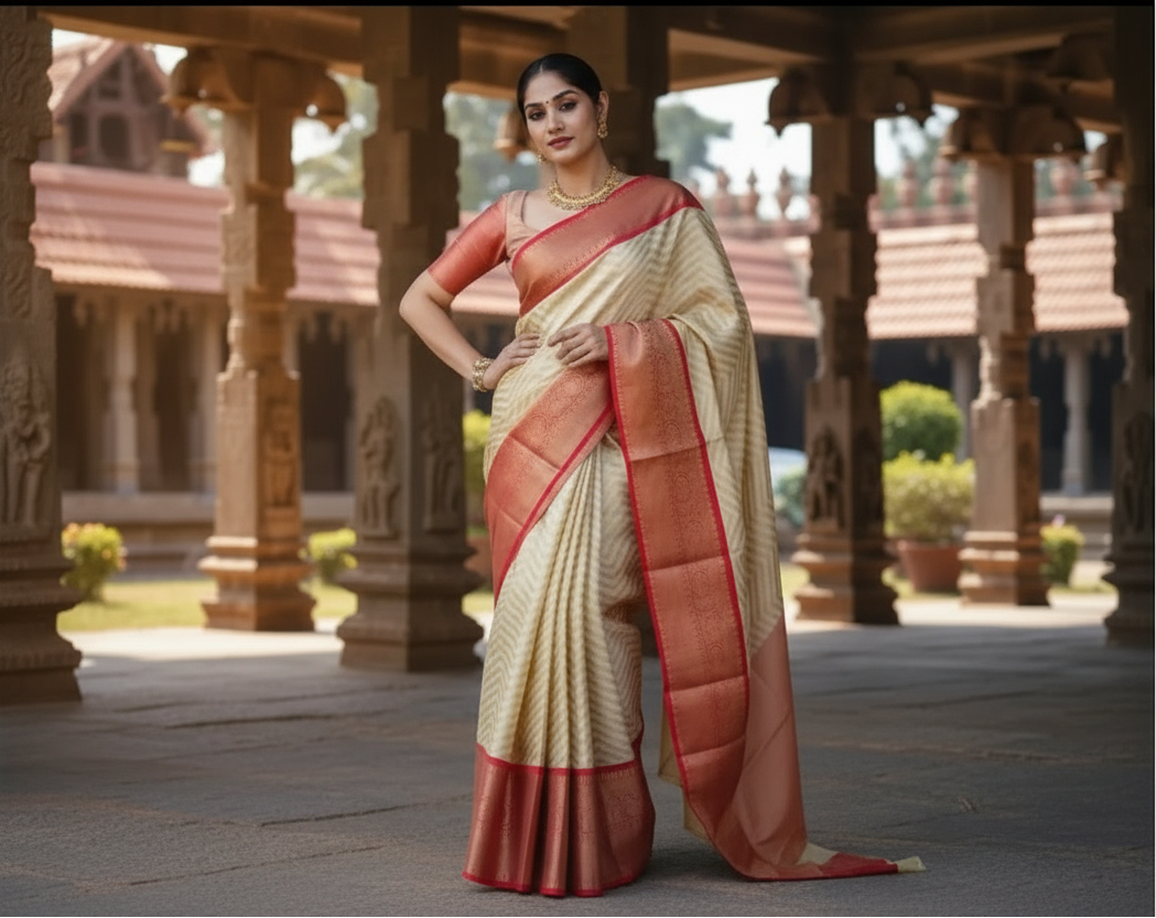 Women's litchi silk printed saree with unstitched blouse (beige) kashvii
