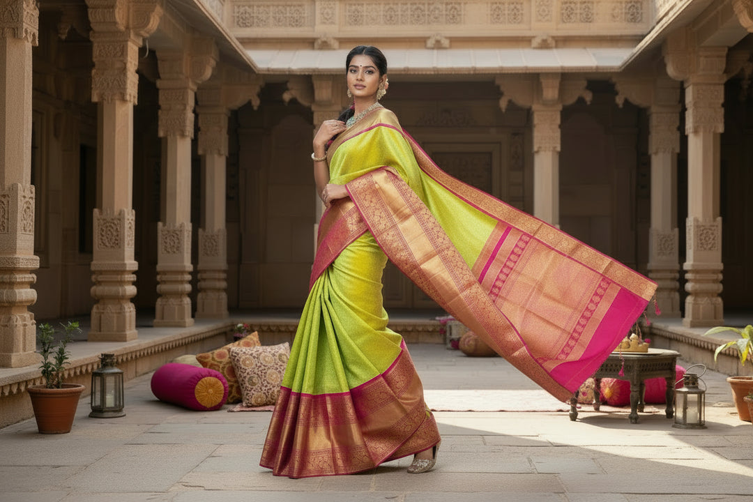 Women's Litchi silk Printed Saree With Unstitched Blouse (Green) Kashvii