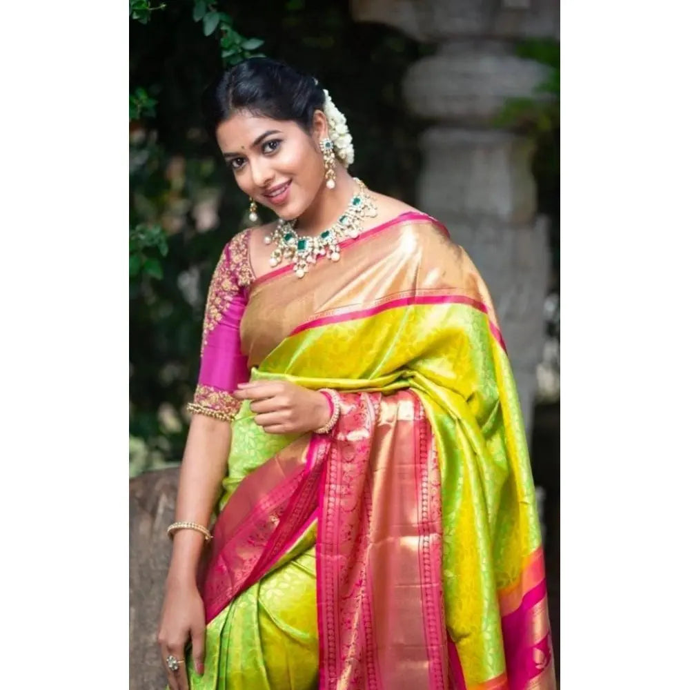 Women's Litchi silk Printed Saree With Unstitched Blouse (Green) Kashvii