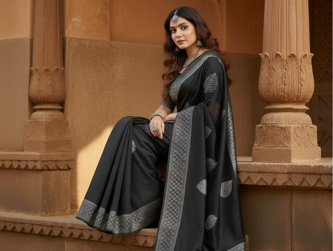 Women's Litchi silk Printed Saree With Unstitched Blouse (Black) Kashvii