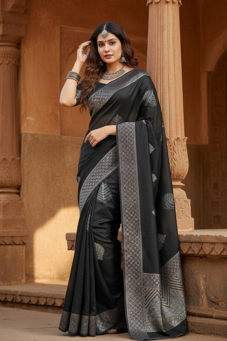 Women's Litchi silk Printed Saree With Unstitched Blouse (Black) Kashvii