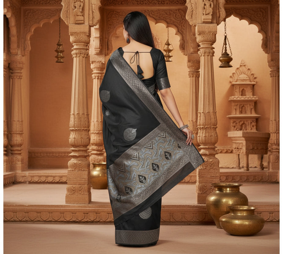 Women's Litchi silk Printed Saree With Unstitched Blouse (Black)