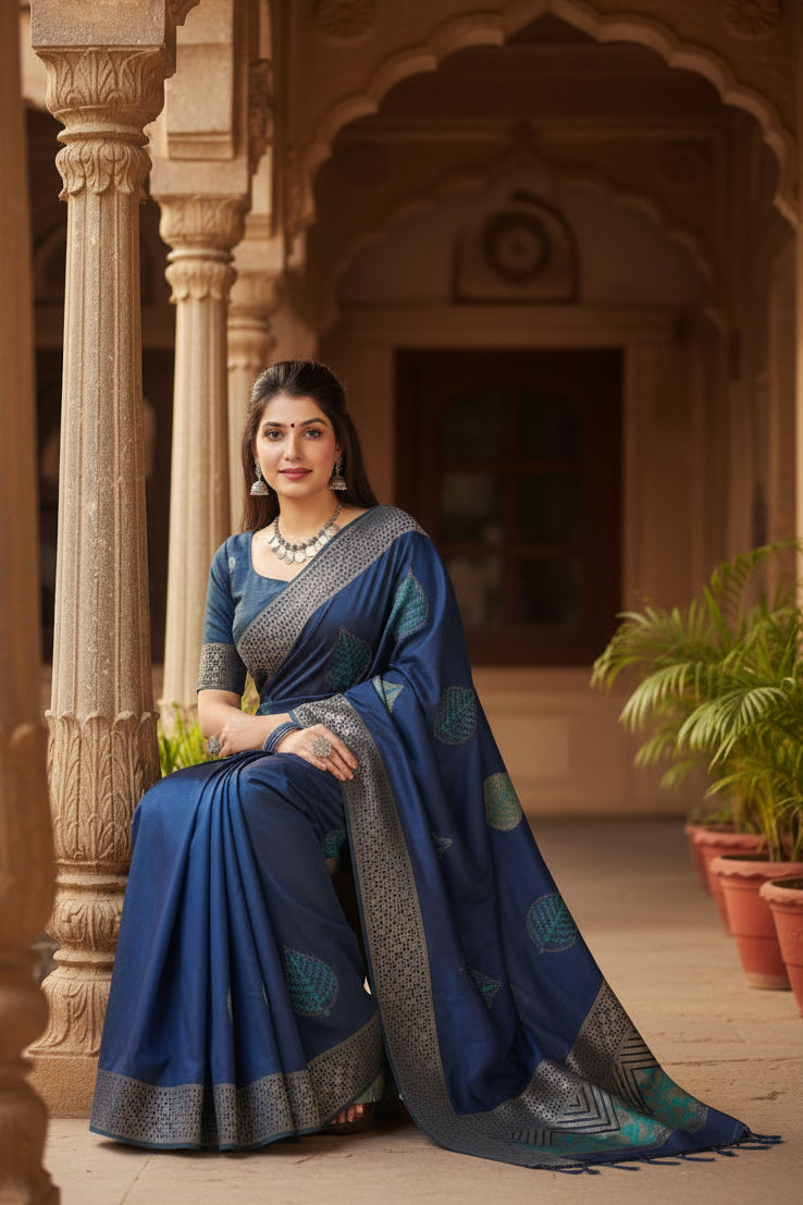 Women's Litchi silk Printed Saree With Unstitched Blouse (Blue) Kashvii