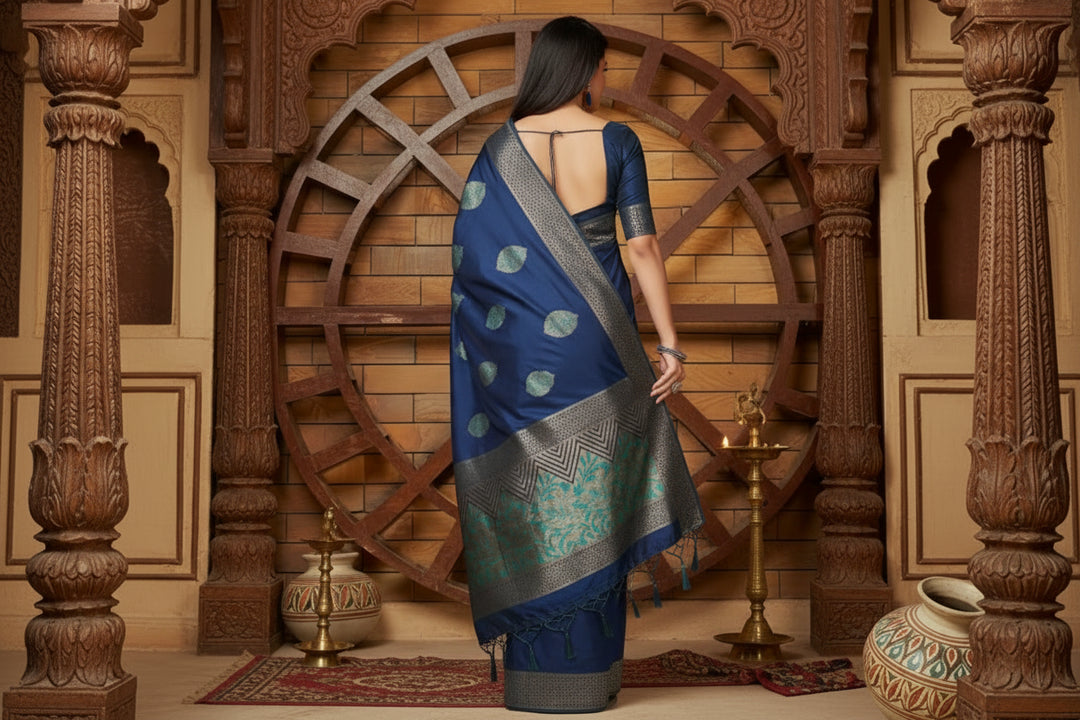 Women's Litchi silk Printed Saree With Unstitched Blouse (Blue)