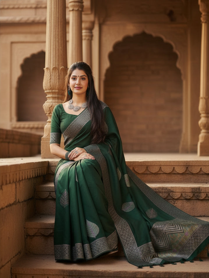 Women's Litchi silk Printed Saree With Unstitched Blouse (Green) Kashvii