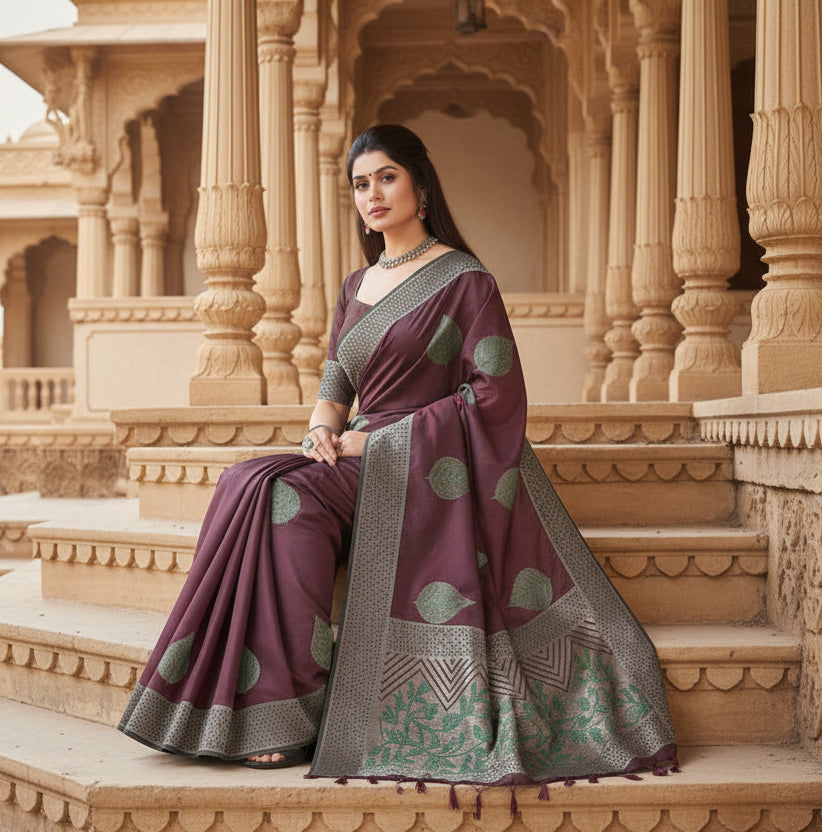 Women's litchi silk printed saree with unstitched blouse (maroon)