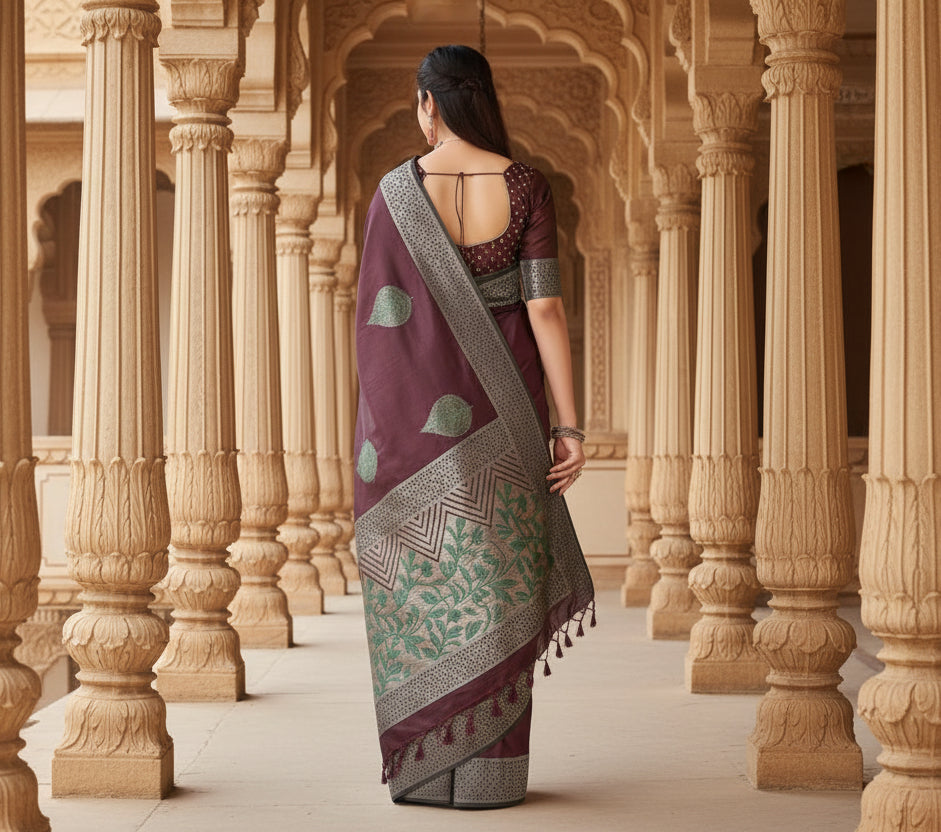 Women's Litchi silk Printed Saree With Unstitched Blouse (Maroon)