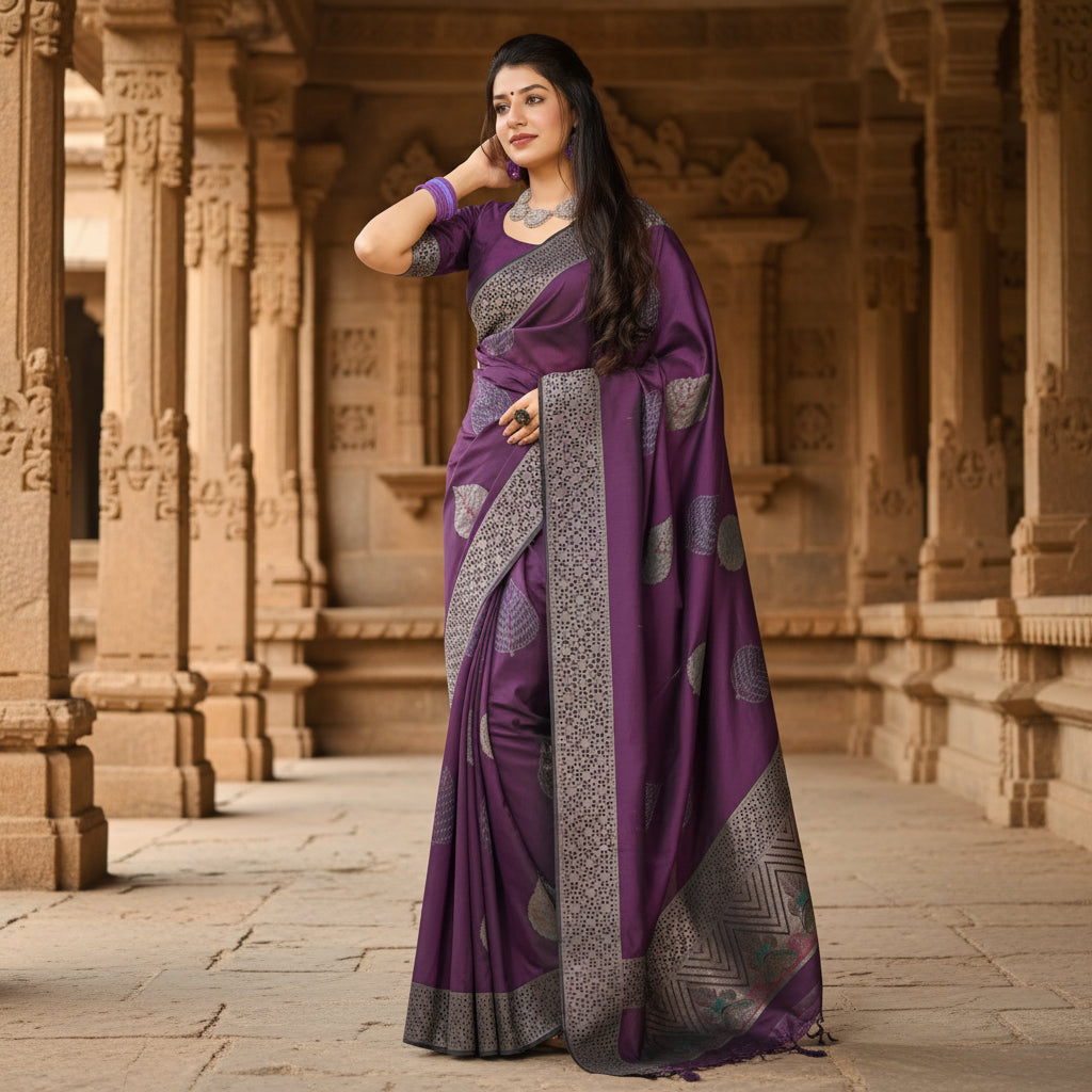 Women's Litchi silk Printed Saree With Unstitched Blouse (Purple) Kashvii