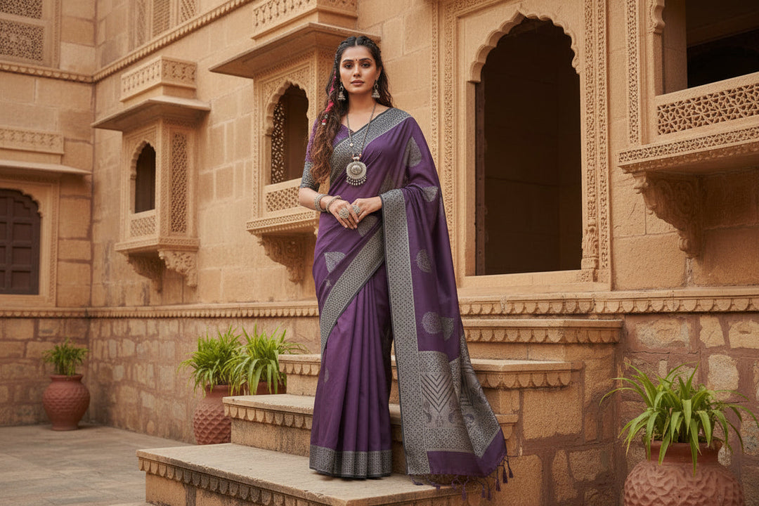 Women's Litchi silk Printed Saree With Unstitched Blouse (Purple) Kashvii