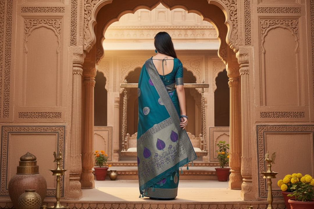 Women's Litchi silk Printed Saree With Unstitched Blouse (Rama Blue)